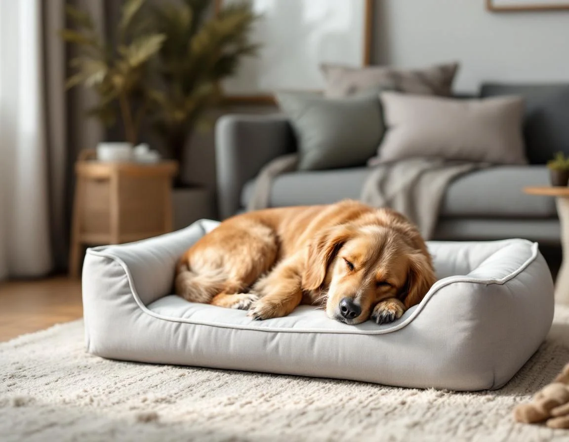A golden retriever sleeping on a premium gray orthopedic dog bed in a sunny living room
